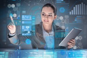 Futuristic media sharing concept with woman