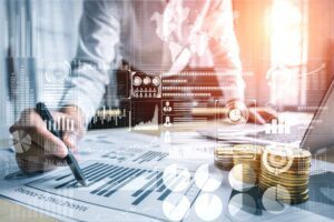 Data Analysis for Business and Finance Concept. Graphic interface showing future computer technology of profit analytic, online marketing research and information report for digital business strategy.